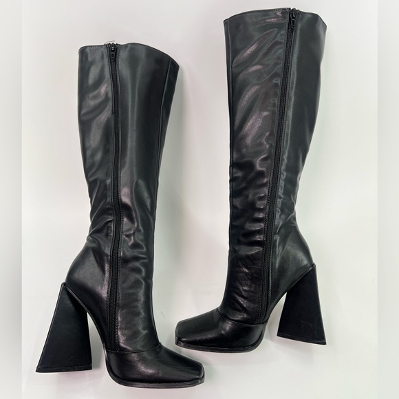 Black Knee High Faux Leather Boots Square Toe Chunky Triangular Heel 7.5 - Picture 6 of 13